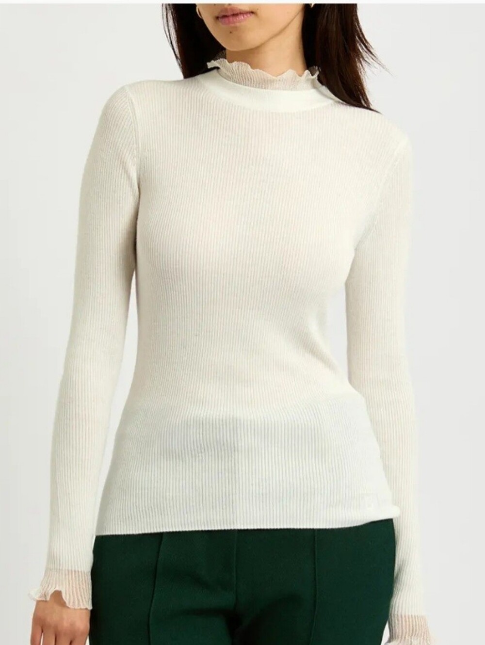 Ted Baker Cream Dvana Ribbed Ruffle-Trim Turtleneck Sweater Sz 1 (US 4) Fall